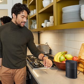 一位使用 Bose 300 智能扬声器听音乐的男士