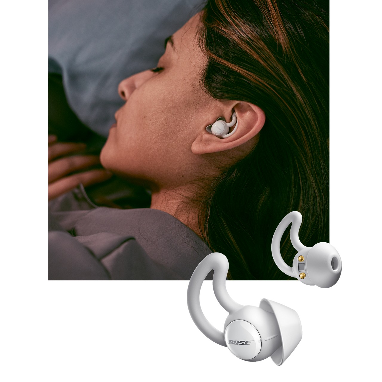 戴着 Bose noise-masking sleepbuds 遮噪睡眠耳塞睡觉的女士
