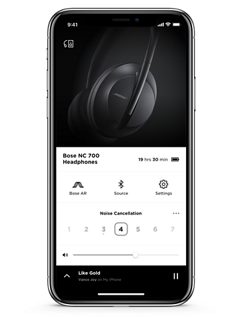 屏幕为显示消噪耳机等级的 Bose Music 应用程序的智能手机