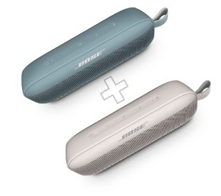 ⽯墨蓝和晨雾白 SoundLink 扬声器，中间放了一个加号标志，表示进行派对模式配对