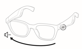 智能音频眼镜带有突出显示的按钮，显示向左移动减小音量