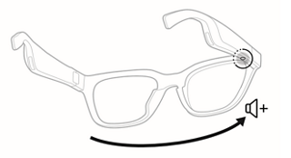 一副按钮突出显示的智能音频眼镜，显示向右移动增大音量