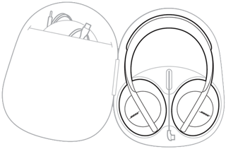 打开的充电盒，配件放在口袋中，耳机折叠放于充电盒中。