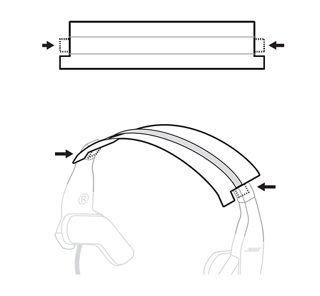 显示头带衬垫位于头带下方，粘胶面对着头带内侧